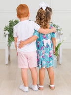 RuffleButts + RuggedButts - Girls Fancy Me Floral Short Sleeve Knit Twirl Dress
: Blue / 2T