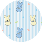 Pattern of blue and cream bunny shapes with bow ties on a light blue and white striped background accented with small stars and colorful jellybean shapes, part of Kiki + Lulu - Peeps + Sleeps Kids Pajamas.