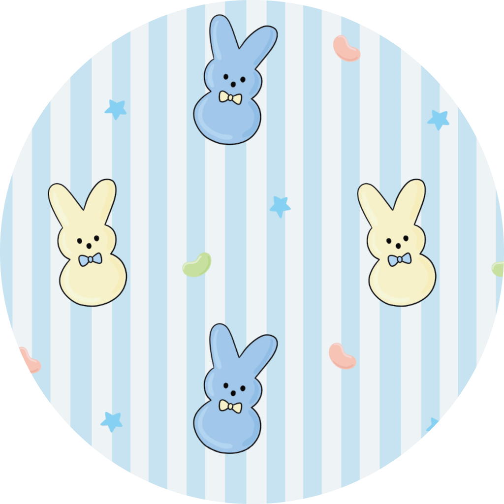 Pattern featuring blue and cream bunny shapes with bow ties and small colorful jellybean shapes on a soft blue and white striped background for Kiki + Lulu - Peeps + Sleeps Convertible Footies.