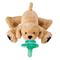 Nookums - Paci-Plushies Buddies - Rufus Retriever is a soft, plush dog toy holding a green pacifier, perfect for cozy baby essentials and stylish kids’ accessories.