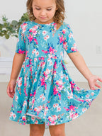 RuffleButts + RuggedButts - Girls Fancy Me Floral Short Sleeve Knit Twirl Dress
: Blue / 3T