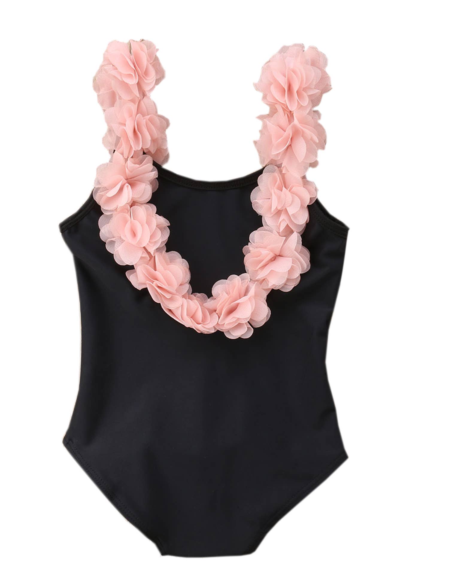 Fennco Styles - 3D Flower Straps Backless 1pc Black Little Girl Swimsuit: 2T
