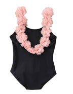 Fennco Styles - 3D Flower Straps Backless 1pc Black Little Girl Swimsuit: 3T