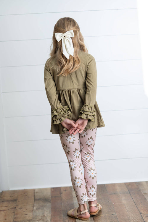 Adorable Sweetness - Girls Sage Green 3 Ruffles Shirt & Floral Leggings Fall Set