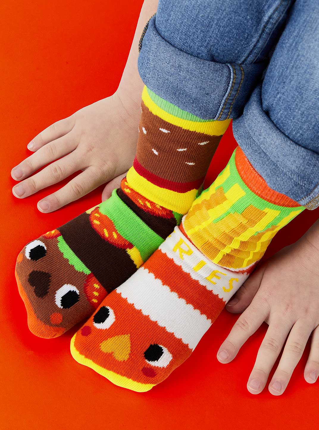 Pals Socks - Burger & Fries - Fun Mismatched Non-Slip Socks for Kids: Ages 9-12