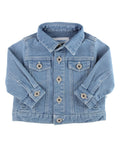 RuffleButts + RuggedButts - Boys Light Wash Jacket: Blue, a stylish kids clothing denim jacket featuring button closures and chest pockets, perfect for toddler outfits.