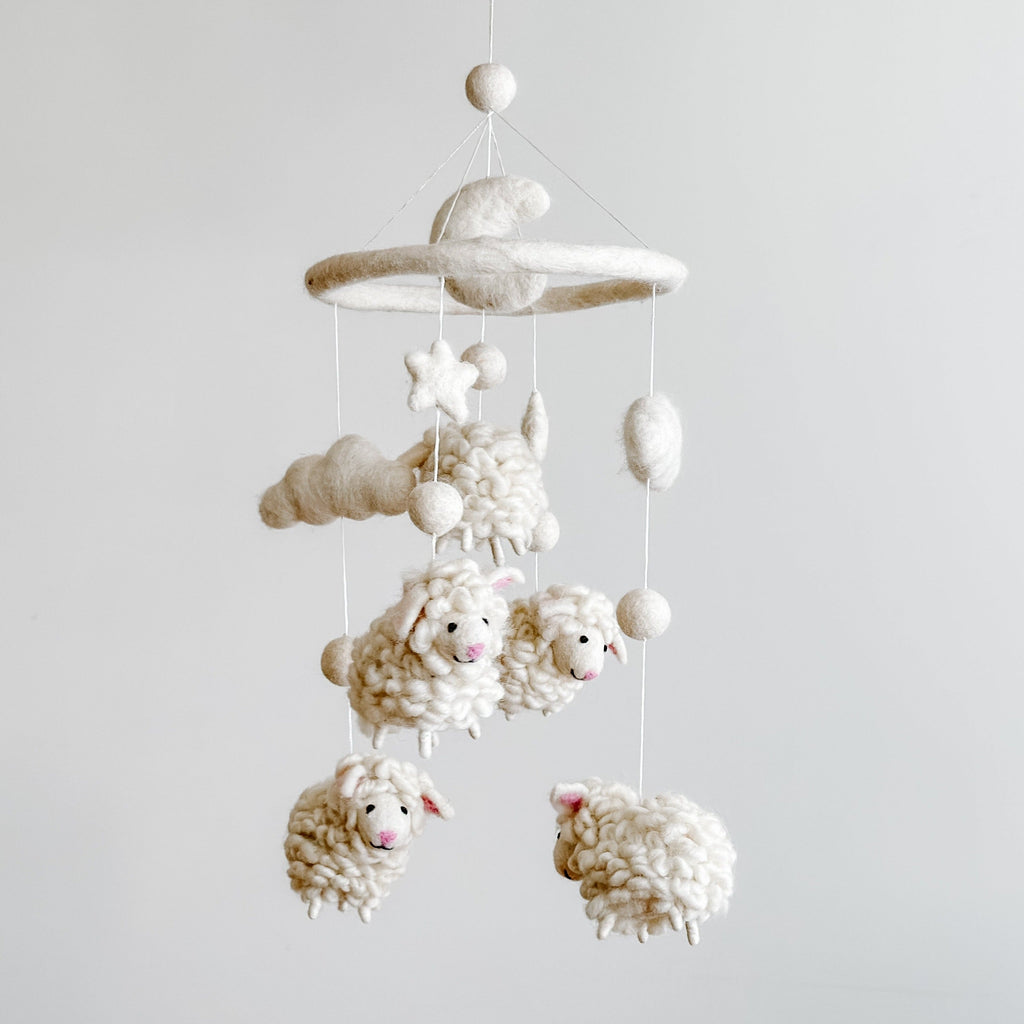 Mobile - Felt Baby - Counting Sheep hanging mobile with soft, handmade felt sheep and cloud shapes in neutral tones, perfect for cozy baby accessories and modern nursery decor.