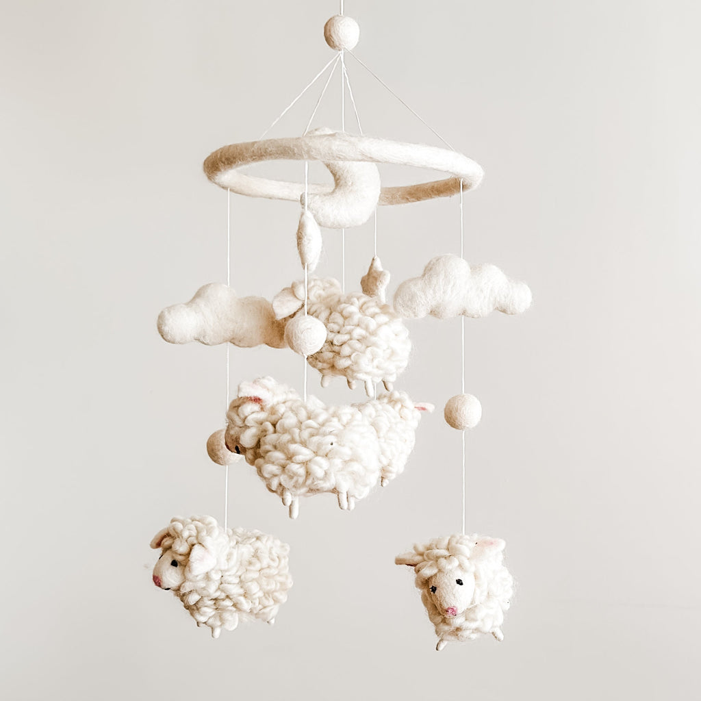 Mobile - Felt Baby - Counting Sheep featuring soft, neutral-toned felt sheep and clouds, designed as a cozy, stylish baby accessory for modern nurseries.