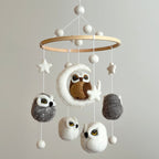 Mobile - Felt Baby - Owl with soft felt owls and stars hanging from a wooden ring, designed as a charming nursery accessory for a cozy baby space.