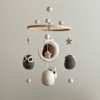 Mobile - Felt Baby - Owl hanging baby mobile featuring soft felt owls, stars, and moons in neutral tones, perfect for a cozy nursery and stylish baby accessories.