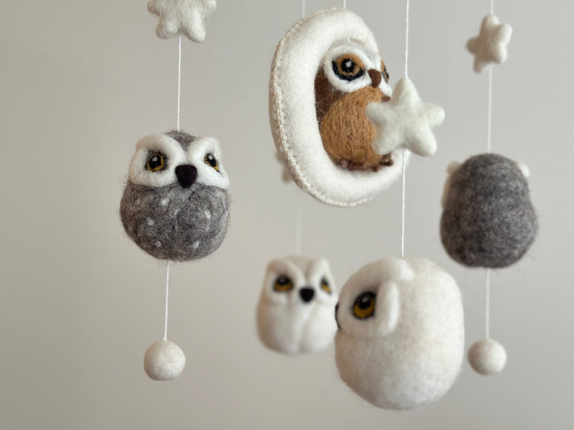 Mobile - Felt Baby - Owl hanging nursery mobile featuring soft felt owls, stars, and neutral tones, perfect for cozy baby accessories from a curated children’s boutique.