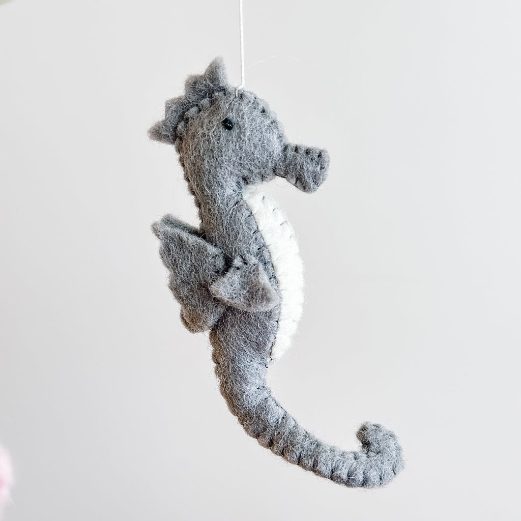 Mobile - Felt Baby - Sea Life soft gray felt seahorse hanging decoration, handcrafted with stitched detailing, perfect for a curated children’s boutique and stylish nursery décor.