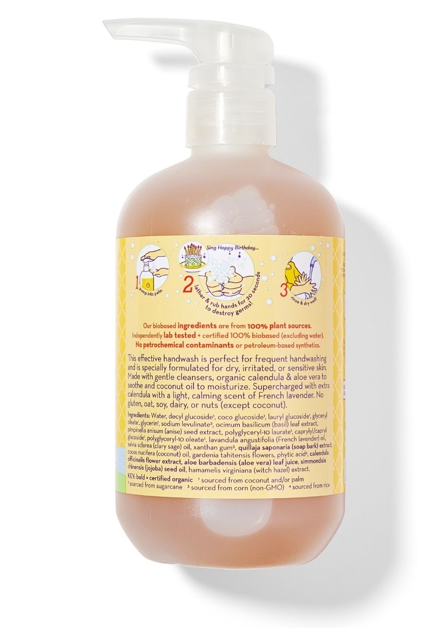 Back view of California Baby - Calendula™ Moisturizing Handwash showing product usage instructions, plant-based ingredient details, and soothing formula for sensitive skin, ideal for moms and kids.