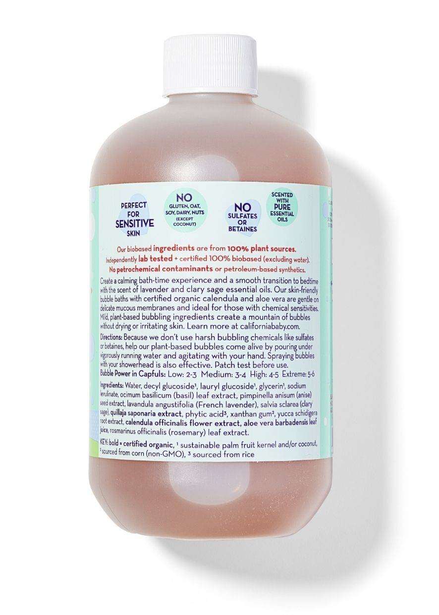 Bottle of California Baby - Calming™ Bubble Bath & Bodywash showing product label describing plant-based, sensitive skin formula with essential oils and no sulfates or harsh chemicals.