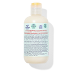 Back view of a bottle of California Baby - Calming™ Hair Conditioner showing ingredient and usage information on a light blue label, promoting soothing natural care for sensitive scalps.