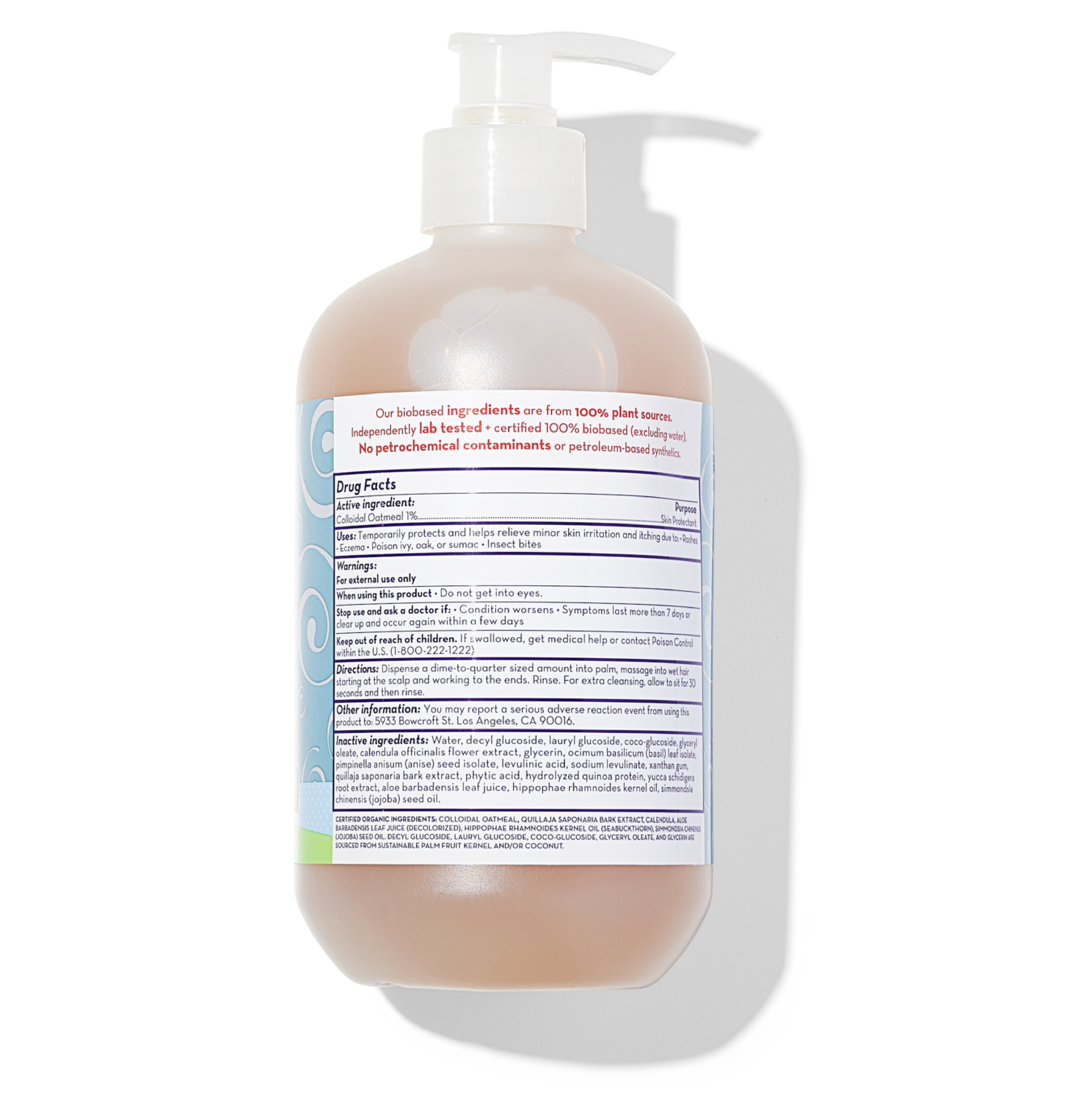 Back view of California Baby - Therapeutic Relief™ Eczema Shampoo & Bodywash bottle showing detailed ingredient and usage information in a clean, modern design fitting a curated children’s boutique focused on cozy baby essentials and mom life essentials.