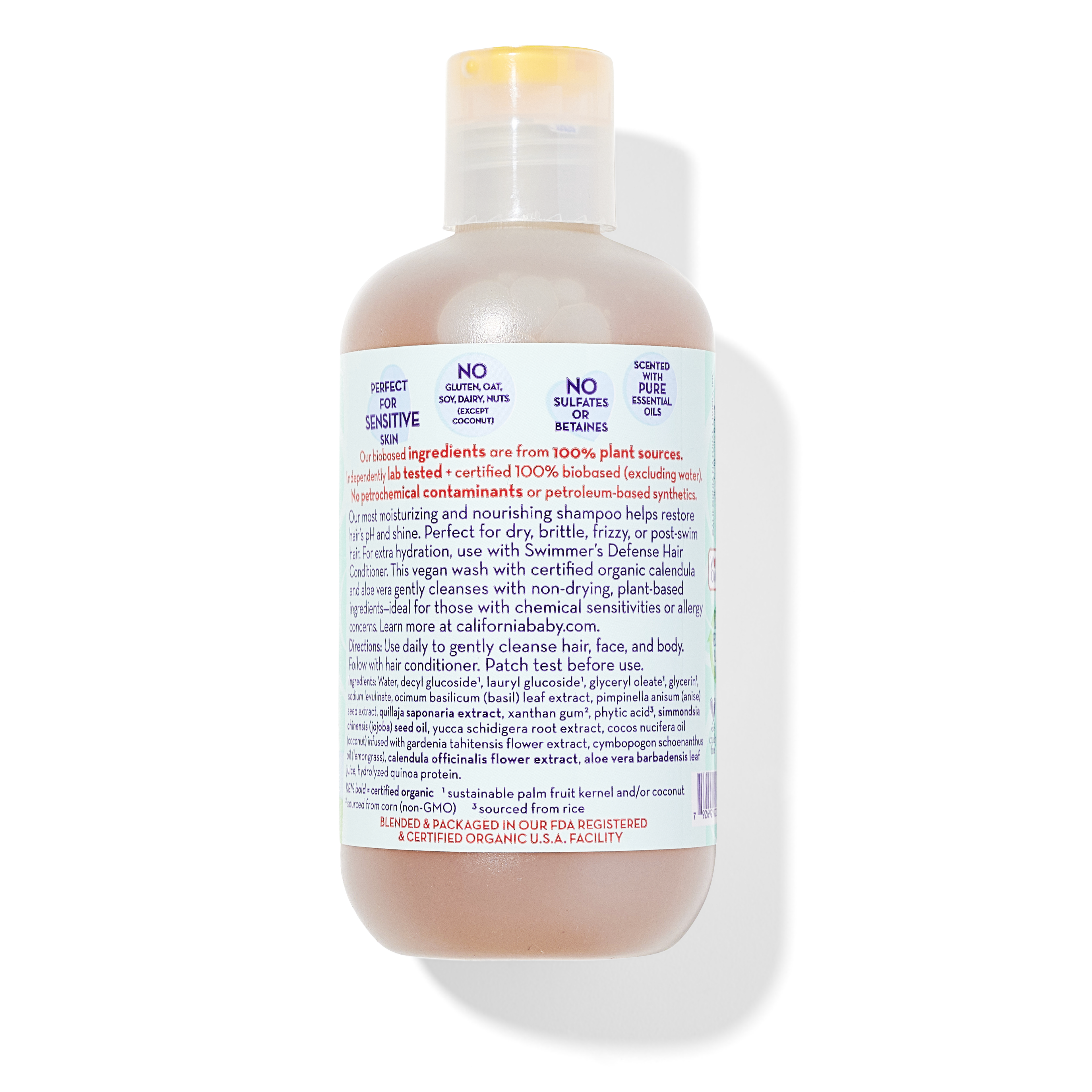 Bottle of California Baby - Swimmer's Defense™ Shampoo & Bodywash showing product information and ingredient details on the back label against a white background.
