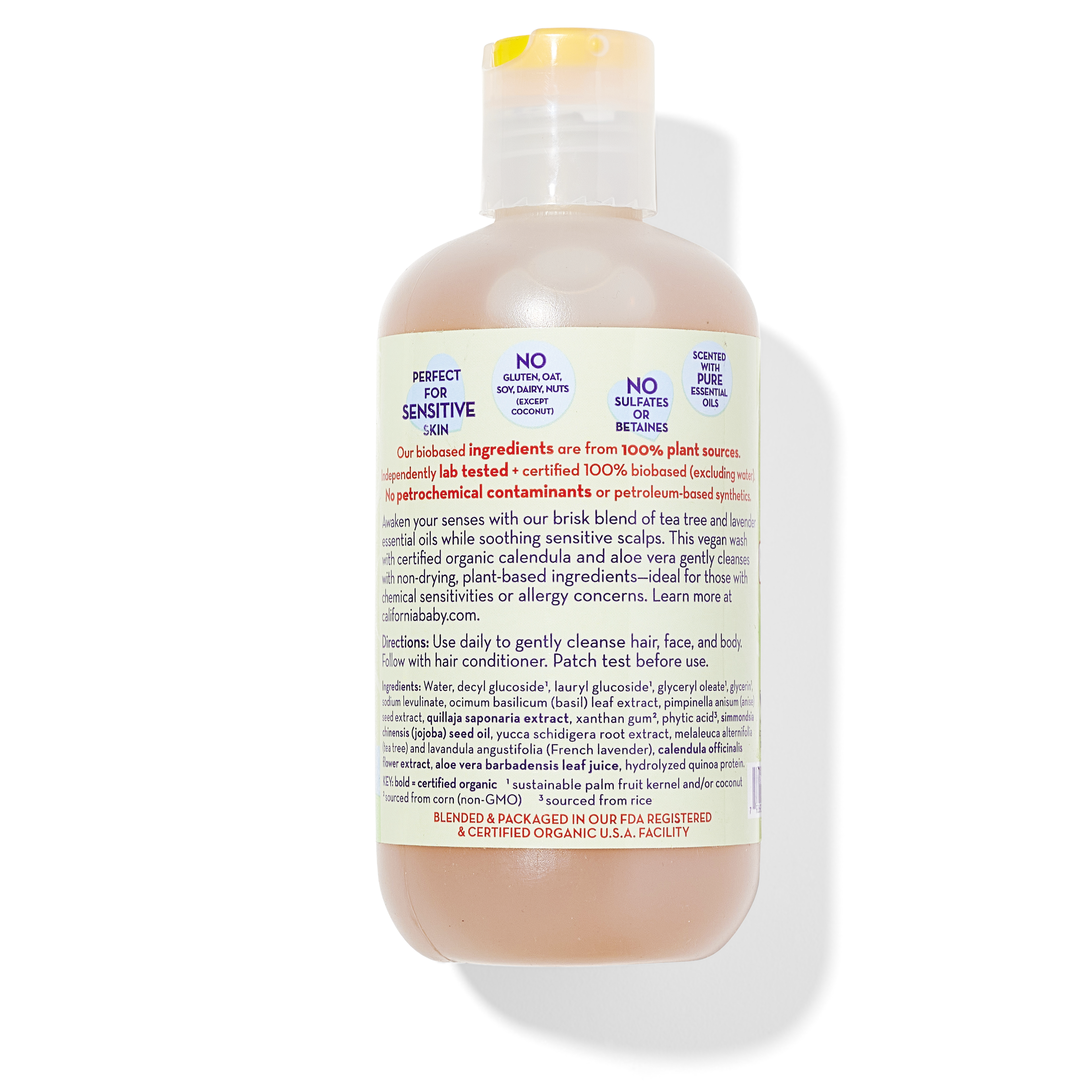 Back view of California Baby - Tea Tree & Lavender™ Shampoo & Bodywash bottle highlighting product details, eco-friendly ingredients, and sensitive skin benefits for a curated children’s boutique.