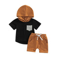 Urban Tots - Theo Summer Set - Tan: Brown & Back featuring a short-sleeve black hoodie with a striped pocket and matching tan shorts with white drawstring, perfect for stylish kids clothing.