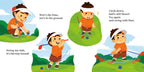 Illustration from the Golf Baby Board Book showing a toddler boy in an orange outfit and white visor practicing golf swings on green grass, promoting playful learning and motor skills development.
