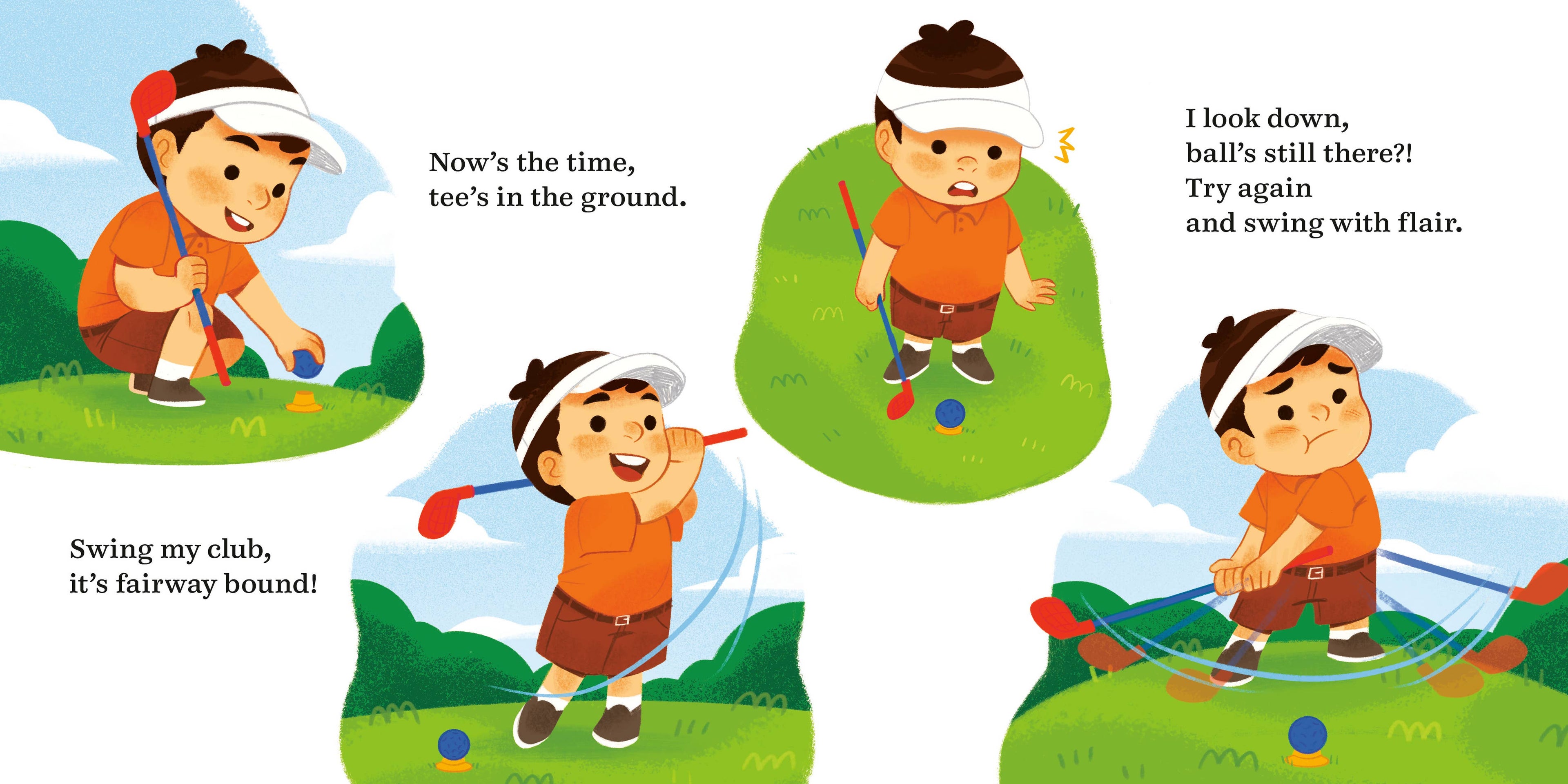 Illustration from the Golf Baby Board Book showing a toddler boy in an orange outfit and white visor practicing golf swings on green grass, promoting playful learning and motor skills development.