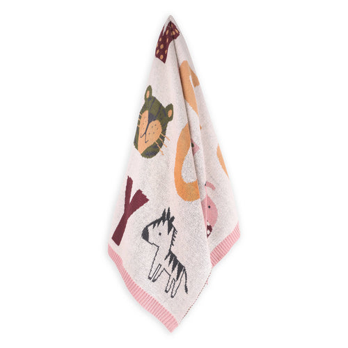 Soft baby blanket featuring animal prints and alphabet letters in natural and pink hues, styled for cozy comfort with Viverano Organics - Alphabet Blush - Organic Jacquard Sweater Knit Baby Blanket: Natural/Pink / One Size, curated children’s boutique, stylish essentials for little ones and moms.