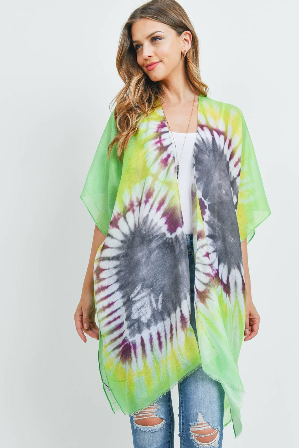 Love and Repeat - TIE-DYE OPEN FRONT KIMONO: GREEN