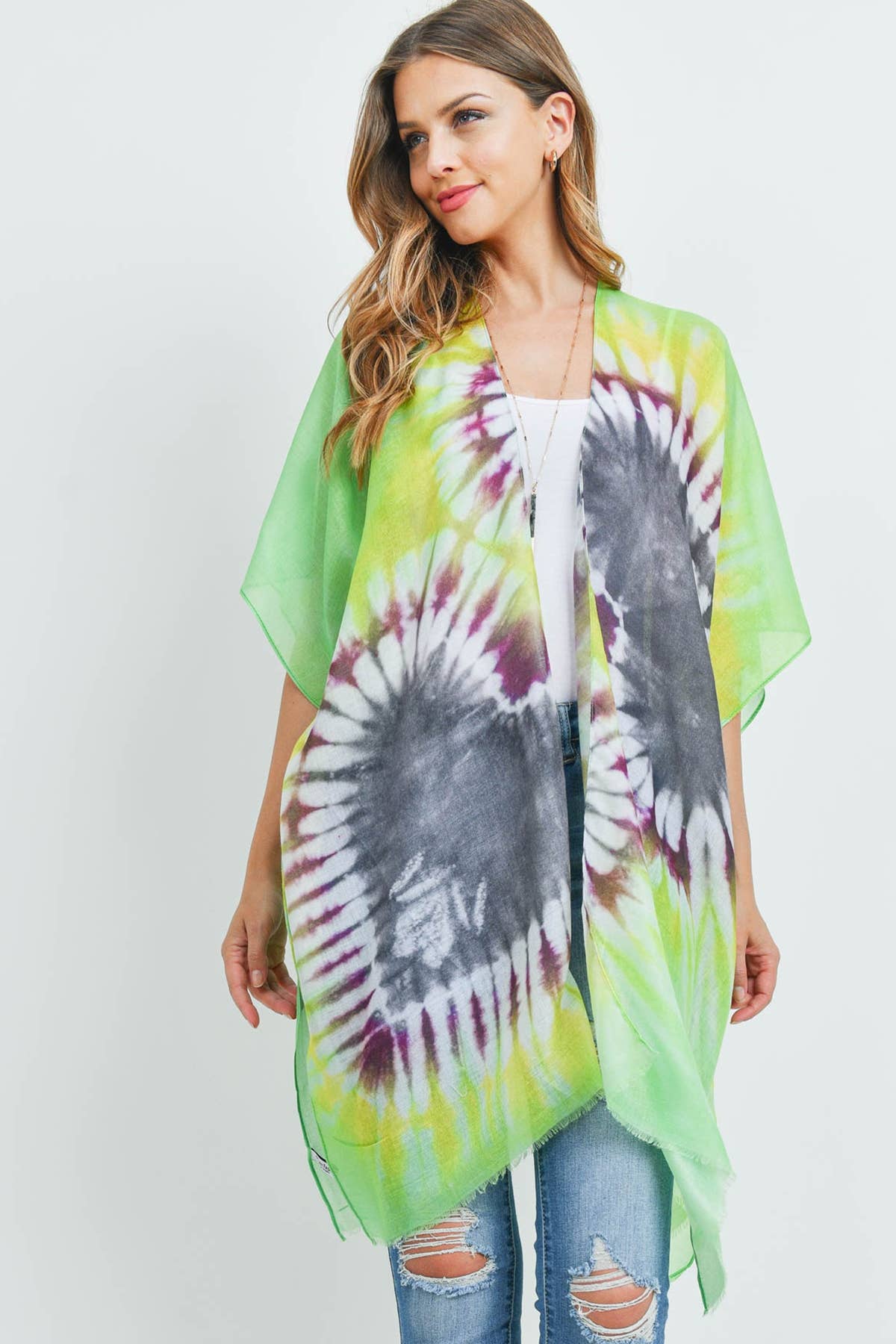 Love and Repeat - TIE-DYE OPEN FRONT KIMONO: GREEN