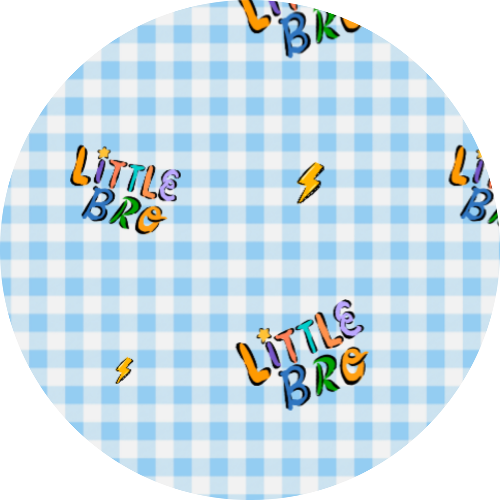 Round blue and white checkered product with 'Little Bro' text and lightning bolts on a white background