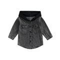 Urban Tots - Kids Hooded Denim Button-up - Black featuring soft black denim with a cozy hood, perfect stylish kids clothing from a curated children’s boutique.