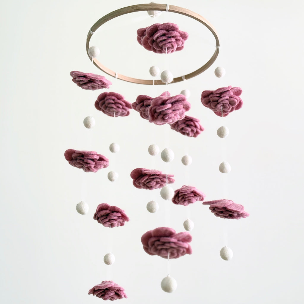 Mobile - Felt Baby - Blush Rose Flower hanging mobile with soft blush rose felt flowers and white balls, a stylish essential for modern nurseries and baby accessories.