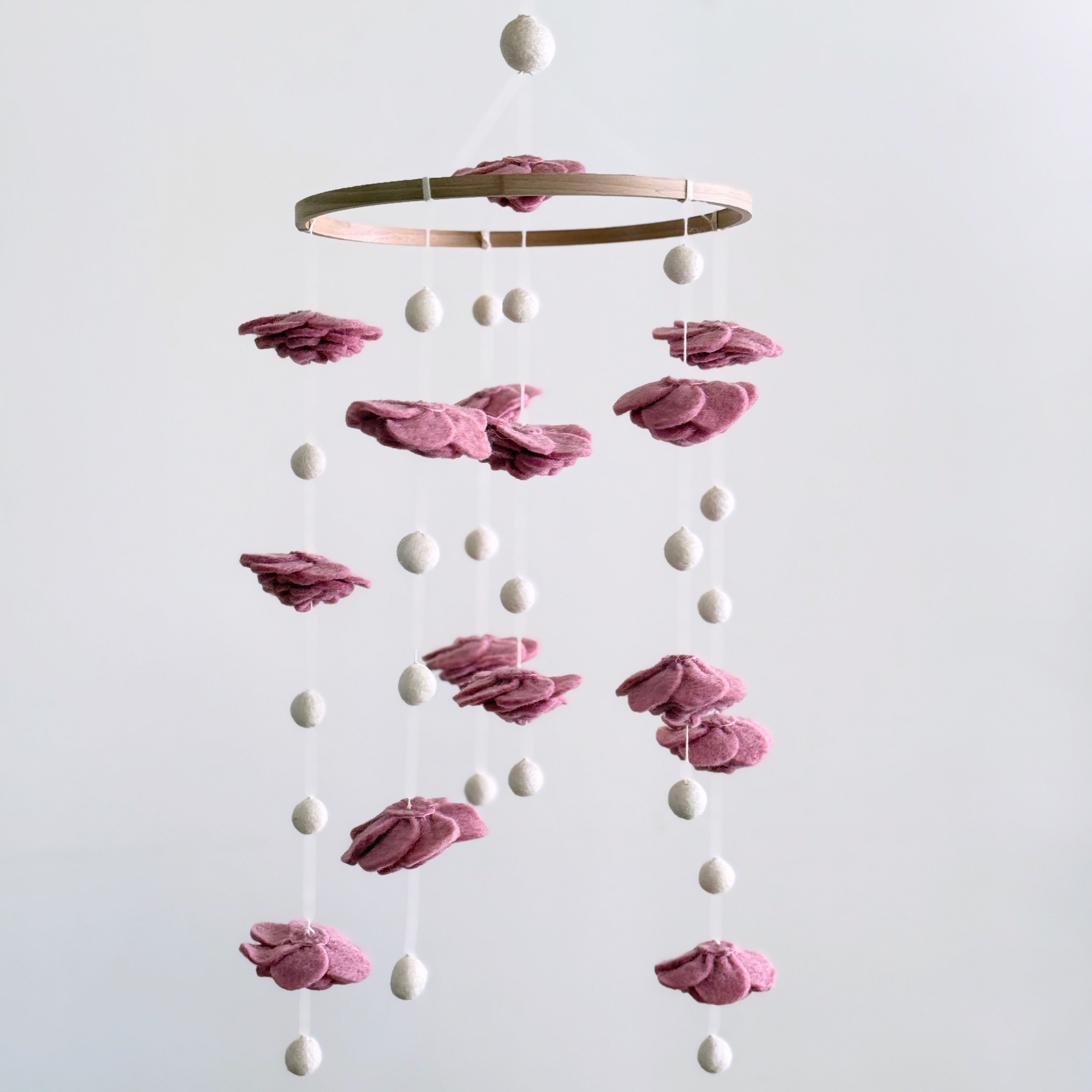 Mobile - Felt Baby - Blush Rose Flower baby mobile featuring soft felt flowers and balls in blush and cream, perfect for modern nurseries and cozy baby essentials.
