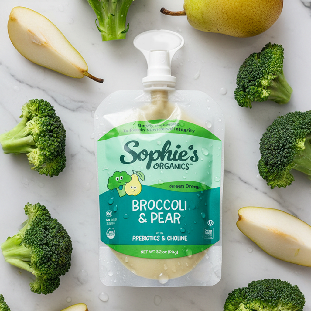 Sophie's Organics - Dream (6-pack) baby food pouch featuring broccoli and pear surrounded by fresh broccoli florets and sliced pears, showcasing organic, cozy baby essentials.