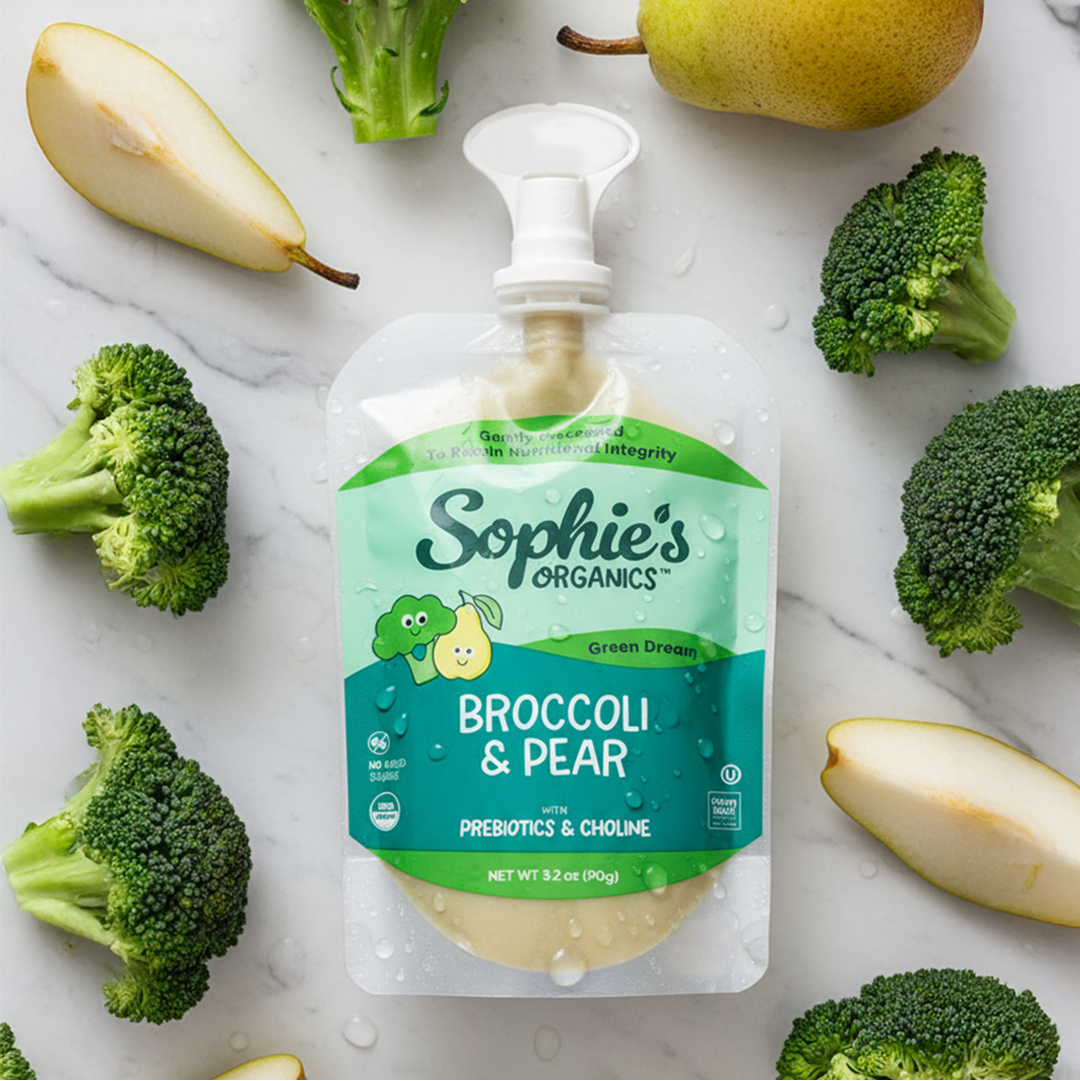 Sophie's Organics - Dream (6-pack) baby food pouch featuring broccoli and pear surrounded by fresh broccoli florets and sliced pears, showcasing organic, cozy baby essentials.
