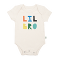 Finn + Emma - Baby graphic organic bodysuit | lil bro original in a soft cream color featuring multicolored playful letters spelling "LIL BRO," made of organic breathable fabric for cozy baby essentials.