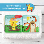 Magic Muddy Day Color Changing Bath Book open to illustrated rain and sun scenes with mud spots, designed for playful learning and sensory exploration during bath time.