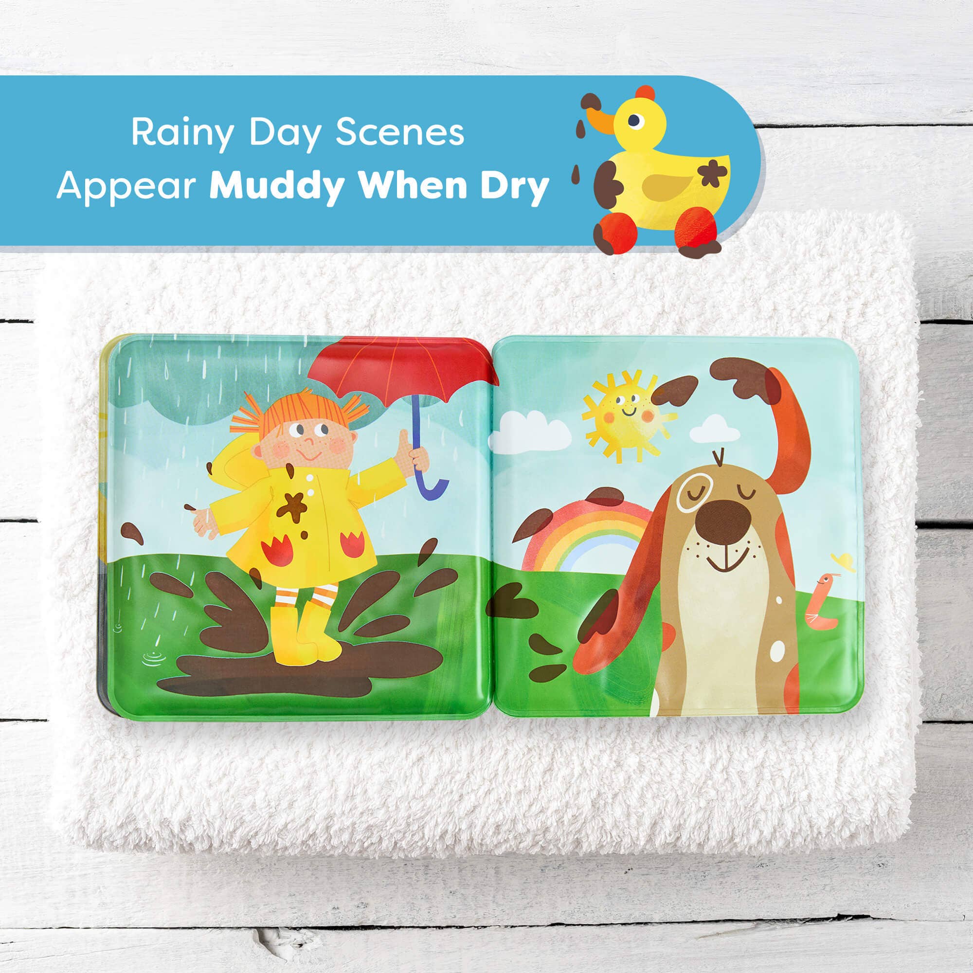 Magic Muddy Day Color Changing Bath Book open to illustrated rain and sun scenes with mud spots, designed for playful learning and sensory exploration during bath time.