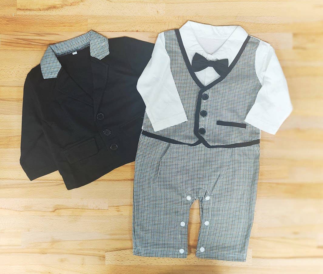 Fennco Styles - Houndstooth 3D Bowtie Baby Tuxedo Jacket & Romper : 12-18m