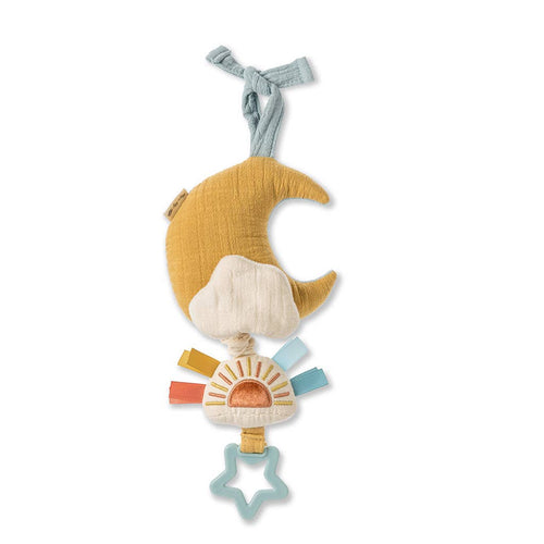 Soft mustard yellow crescent moon and cream cloud plush with attached colorful sun rays and a blue star teether, designed as Itzy Ritzy - Bitzy Notes™ Musical Pull-Down Toy Cloud/Sun, perfect for soothing and entertaining babies with gentle sounds.