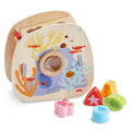 Underwater World Wooden Shape Sorter featuring colorful sea-themed shapes and natural wood construction, promoting imaginative play and sensory learning for toddlers.
