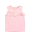 RuffleButts + RuggedButts - Girls Pink Knit Ruffle Trim Tank: Pink features a soft pink knit fabric with a delicate ruffle trim across the chest, perfect for stylish kids clothing from a curated children’s boutique.