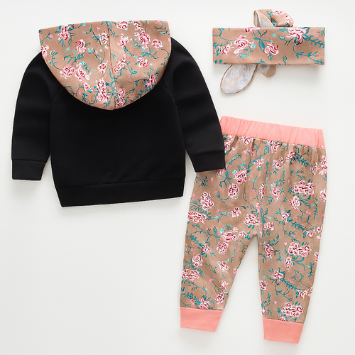 Fennco Styles - Black-Pink Baby Hoodie, Pants & Headband featuring a black hoodie with a floral-patterned hood, matching floral pants with pink cuffs, and a coordinating floral headband, perfect for stylish kids clothing.