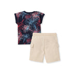Set featuring Burt's Bees Baby - Celebrate America Toddler Boys Shirt Only with a navy blue top showcasing red and light blue fireworks and paired with beige cargo shorts, perfect for stylish kids clothing from a curated children’s boutique.