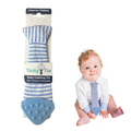 Tasty Tie® - Tasty Tie Teether, Crinkle Toy, Baby Boy Gift: Seersucker with blue striped fabric and textured silicone teether, shown with a baby wearing a coordinating outfit, stylish essentials for little ones and moms.
