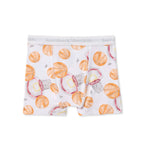 White kids' boxer briefs with an all-over basketball and hoop print, featuring a gray elastic waistband.