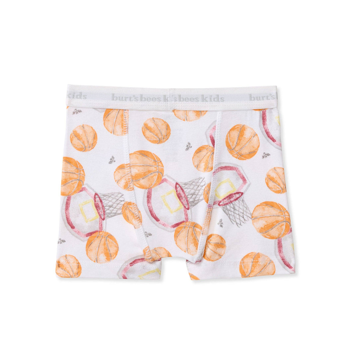 White kids' boxer briefs with an all-over basketball and hoop print, featuring a gray elastic waistband.