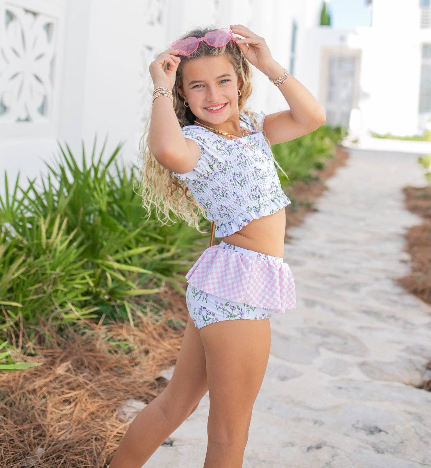 Adorable Sweetness - Girls Pink Purple Abby Dainty Floral 2 Piece Swimsuit