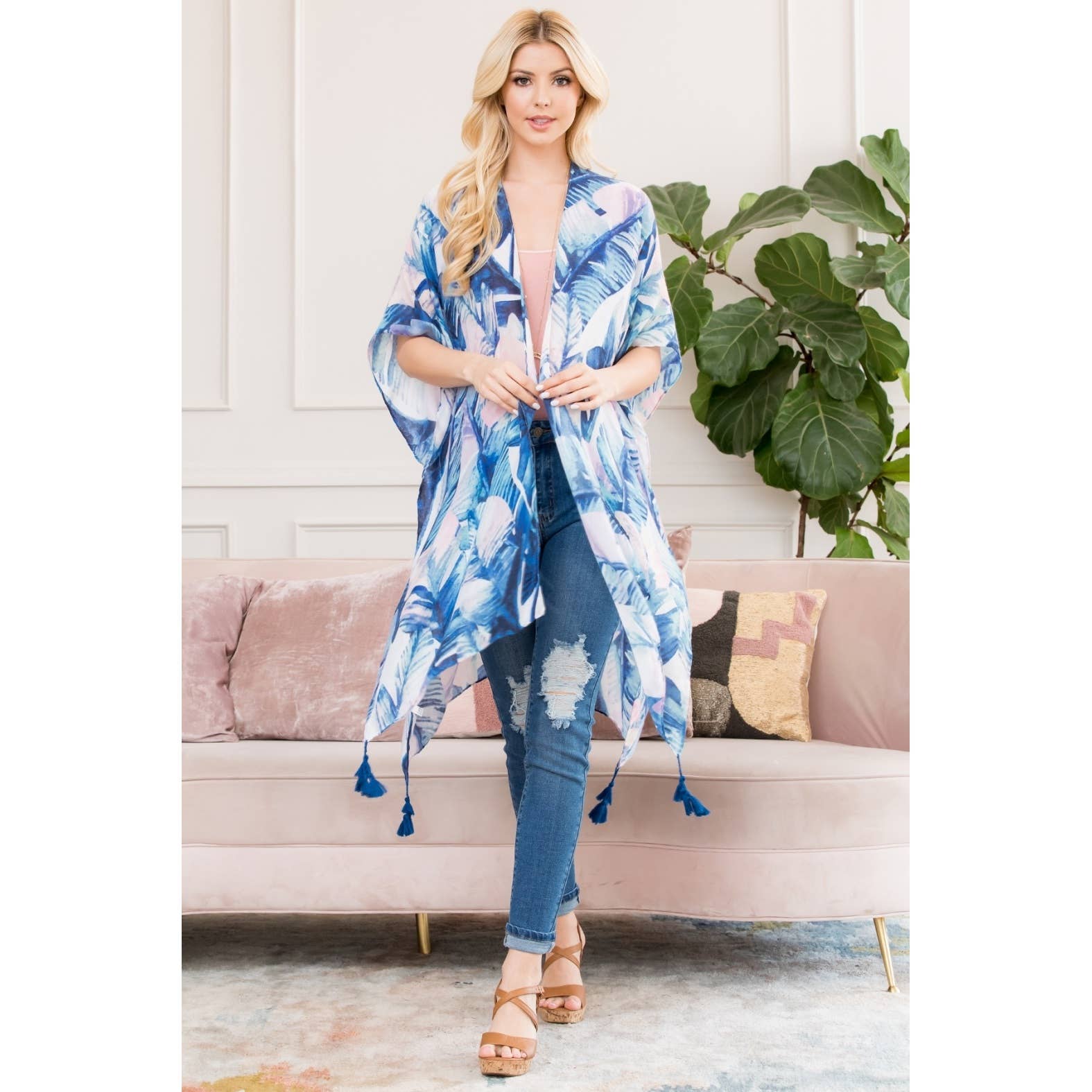 Love and Repeat - BOTANICAL LEAF PRINTED KIMONO: BLUE MULTI