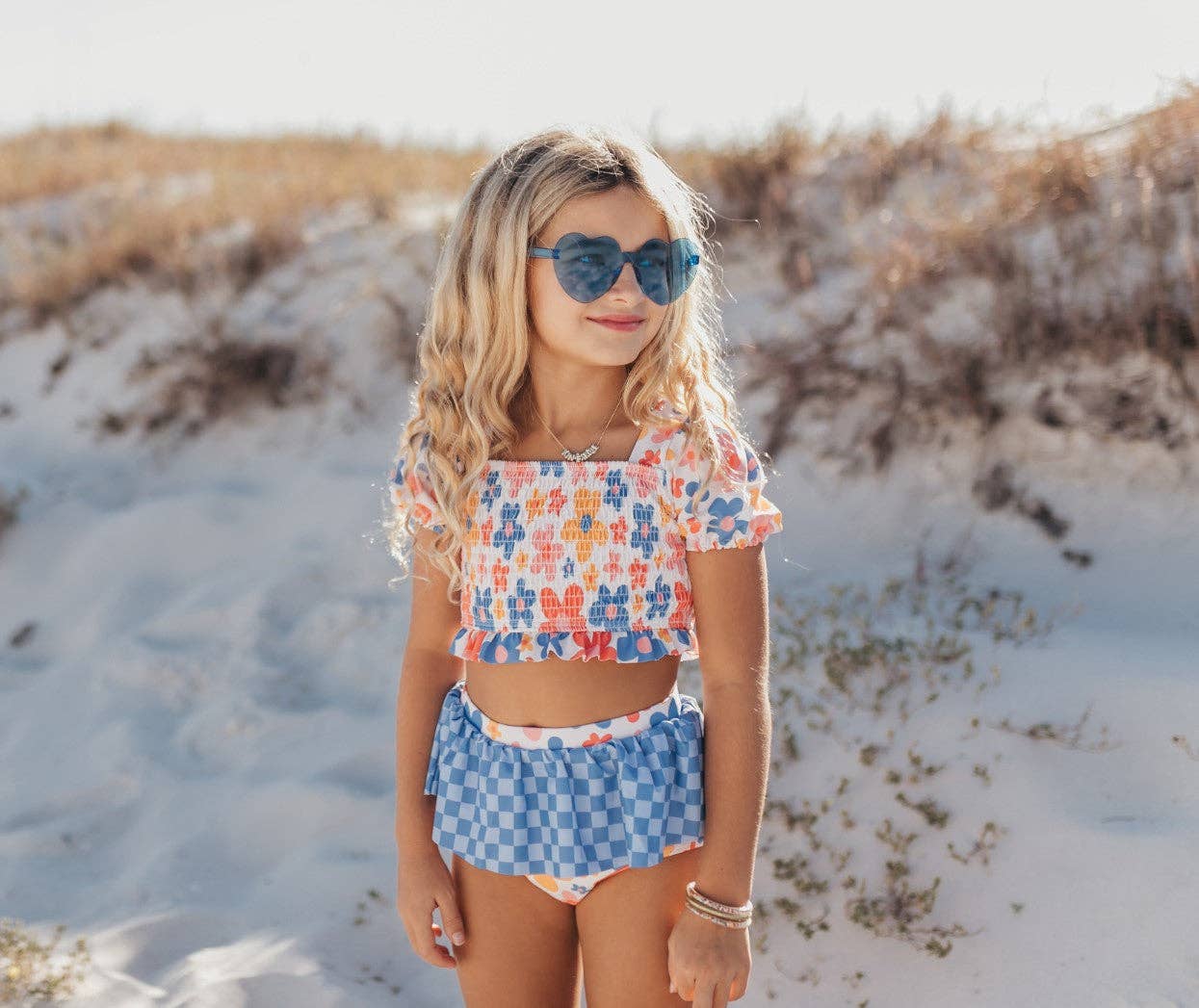 Adorable Sweetness - Girls Retro Checkered Flower Power 2 Piece Skirted Swimsuit