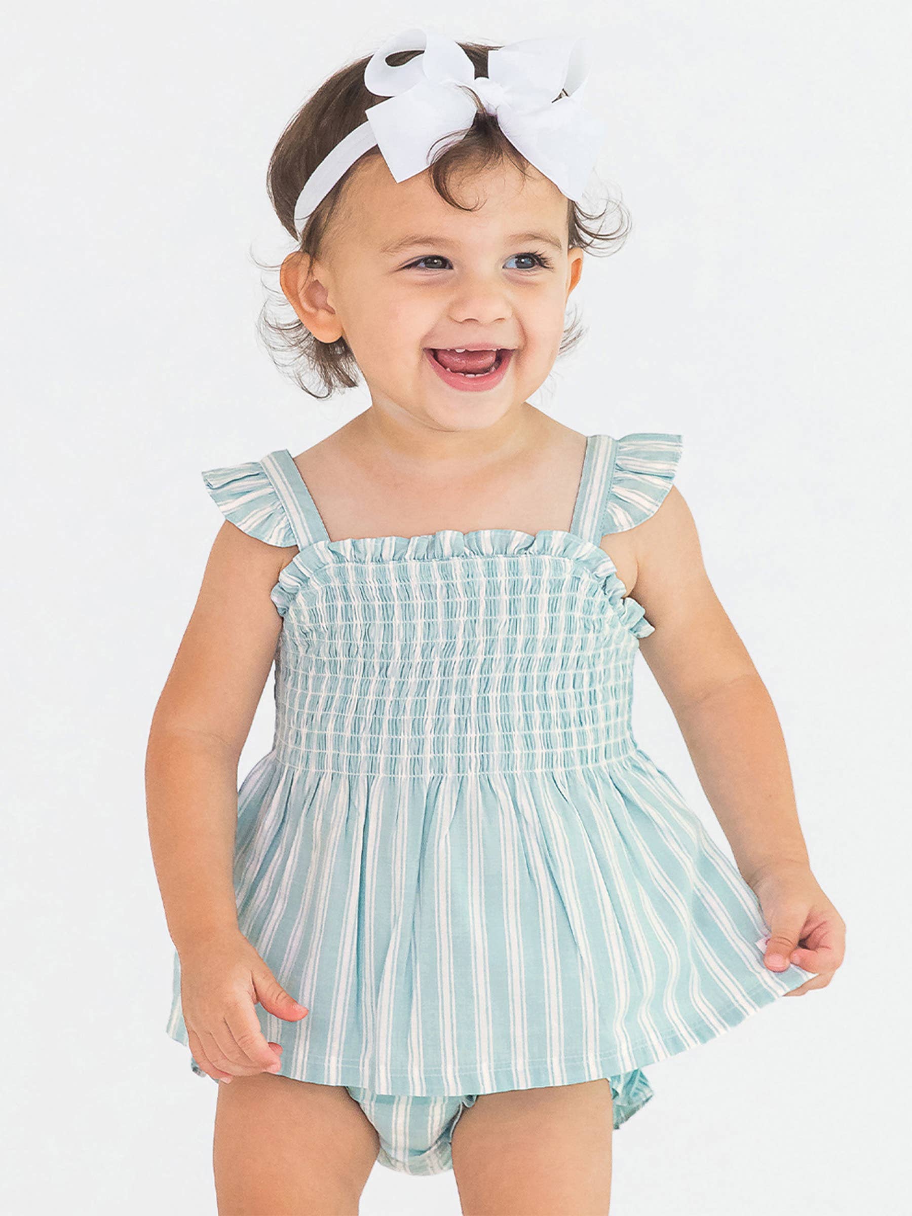 RuffleButts + RuggedButts - Girls Retro Stripe Smocked Tank Top: Brown / 18-24m
